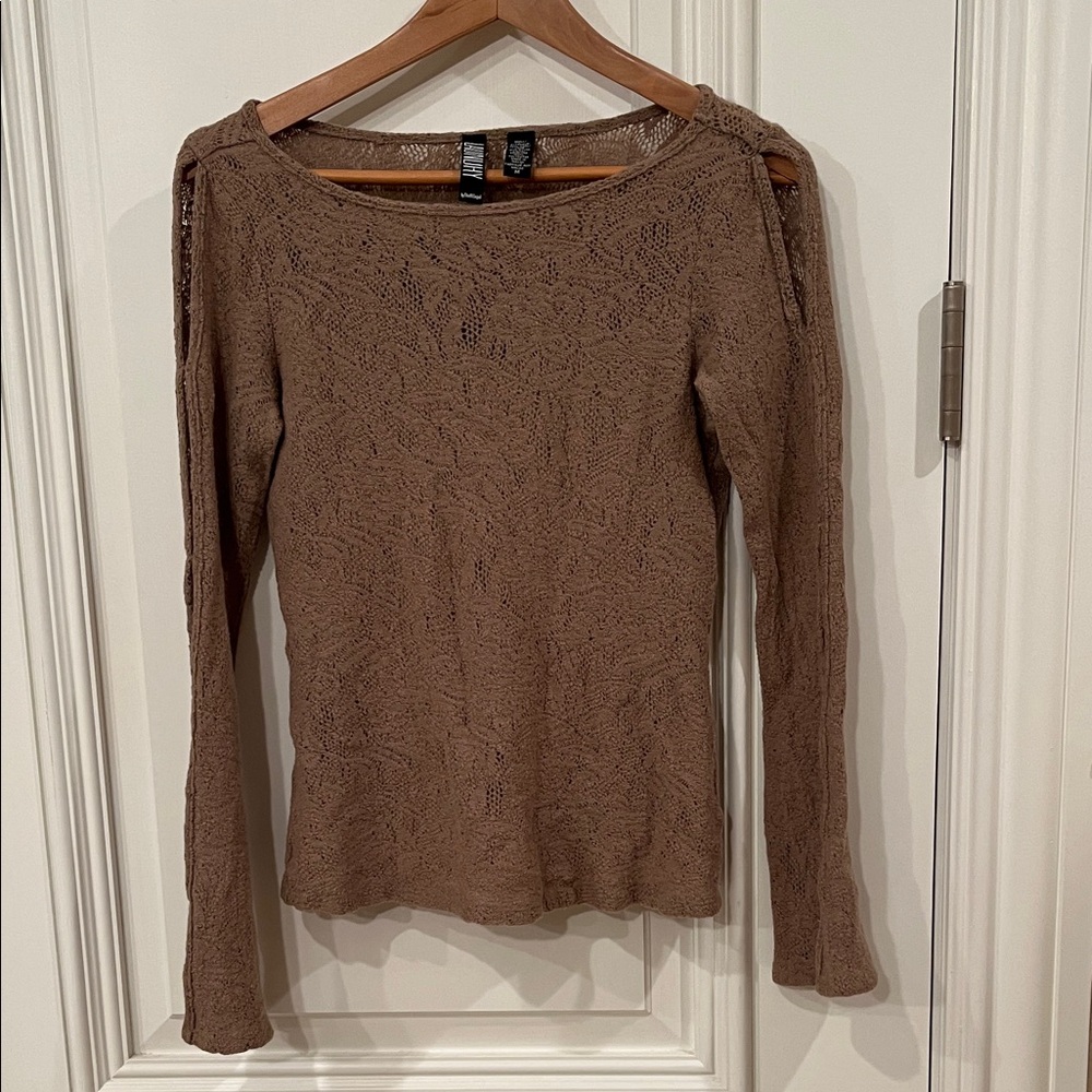 Laundry by Shelli Segal Women Taupe Lace like knit Long  cutout Sleeve Top